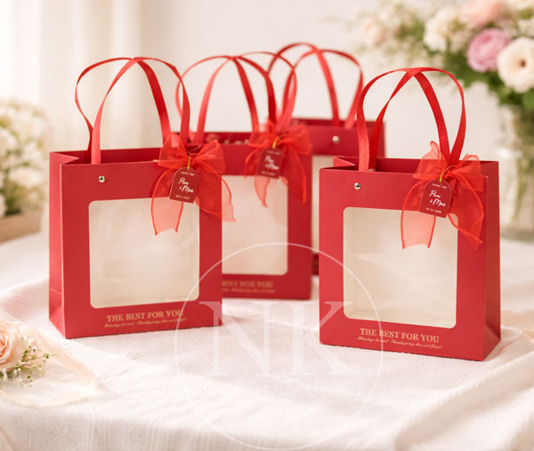 Package - ถุงหิ้วลายไม้ หน้าต่างใส พรีเมียม สีแดง พร้อมโบว์และป้ายชื่อ
