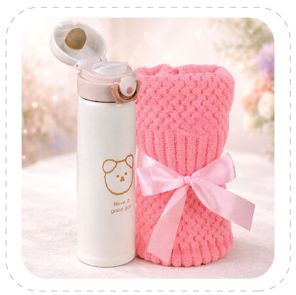 SET - 5 #ผ้าเช็ดผมรังผึ้ง + กระบอกน้ำเก็บอุณหภูมิลายหมี