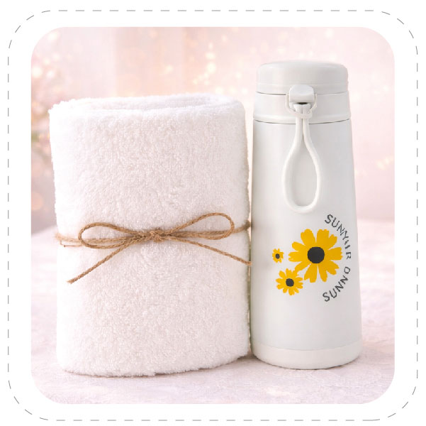 SET - 4 #ผ้าเช็ดผมคอตตอน + กระบอกน้ำแบบแก้วลายดอกไม้