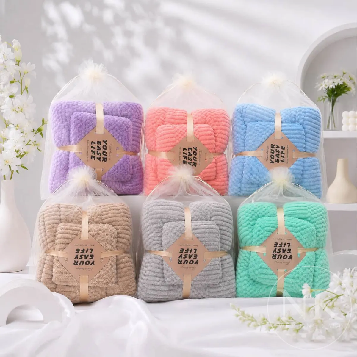 คละสี - ผ้าเช็ดตัวเซ็ต2 ชิ้น + ถุงแก้ว(ผ้าเช็ดตัว+ผ้าเช็ดผม) S9