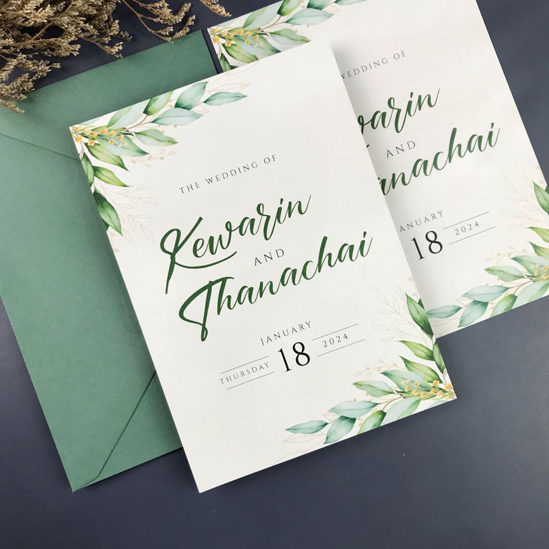 การ์ดแต่งงาน การ์ดงานแต่ง การ์ดแต่งงานมินิมอล การ์ดแต่งงาน สีเขียว พร้อม ซองการ์ดแต่งงาน