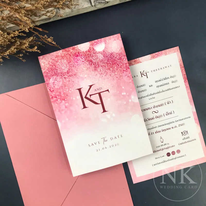 การ์ดแต่งงานสีชมพูวิ้งค์ กลิตเตอร์หรู | การ์ดแต่งงานมินิมอล พรีเมียม พร้อมซอง
