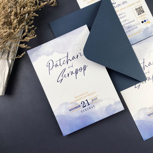 การ์ดแต่งงาน การ์ดงานแต่ง การ์ดแต่งงานมินิมอล การ์ดแต่งงาน สีฟ้า สีน้ำเงิน พร้อม ซองการ์ดแต่งงาน