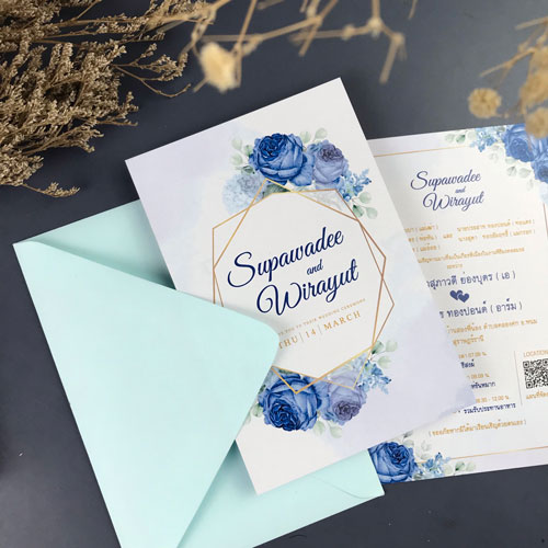 การ์ดแต่งงาน การ์ดงานแต่ง การ์ดแต่งงานมินิมอล การ์ดแต่งงาน สีฟ้า สีน้ำเงิน พร้อม ซองการ์ดแต่งงาน