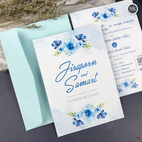 การ์ดแต่งงาน การ์ดงานแต่ง การ์ดแต่งงานมินิมอล การ์ดแต่งงาน สีฟ้า พร้อม ซองการ์ดแต่งงาน