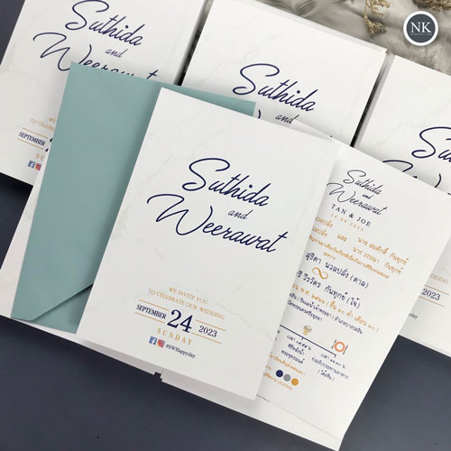 การ์ดแต่งงาน การ์ดงานแต่ง การ์ดแต่งงานมินิมอล การ์ดแต่งงาน สีฟ้า สีน้ำเงิน พร้อม ซองการ์ดแต่งงาน