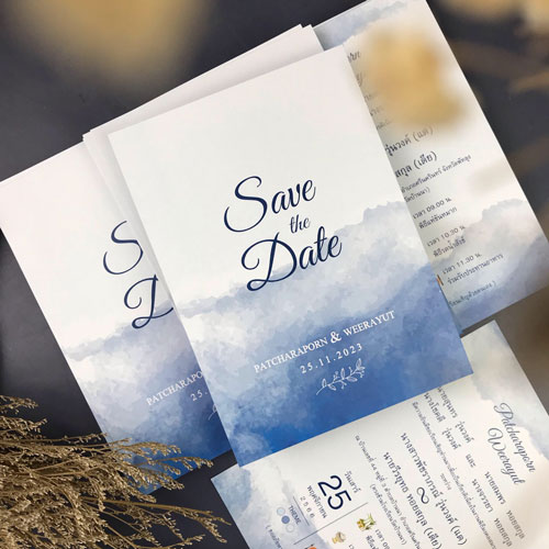 การ์ดแต่งงาน การ์ดงานแต่ง การ์ดแต่งงานมินิมอล การ์ดแต่งงาน สีฟ้า สีน้ำเงิน พร้อม ซองการ์ดแต่งงาน