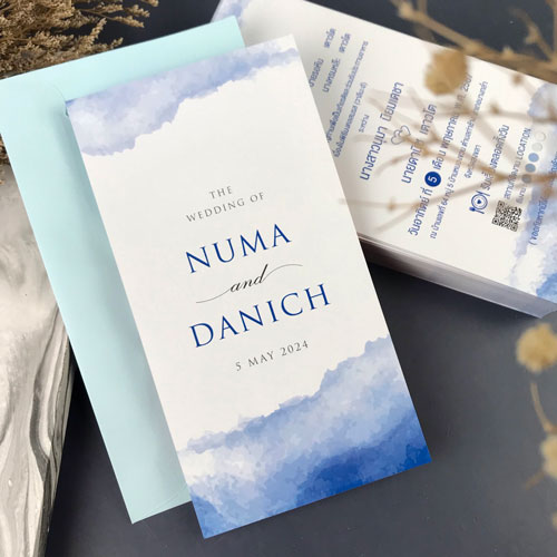 การ์ดแต่งงาน การ์ดงานแต่ง การ์ดแต่งงานมินิมอล การ์ดแต่งงาน สีฟ้า สีน้ำเงิน พร้อม ซองการ์ดแต่งงาน