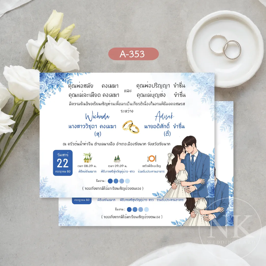 การ์ดแต่งงาน มินิมอล ลายดอกไม้สีฟ้า พาสเทล การ์ดแต่งงานสไตล์หวาน ราคาประหยัด