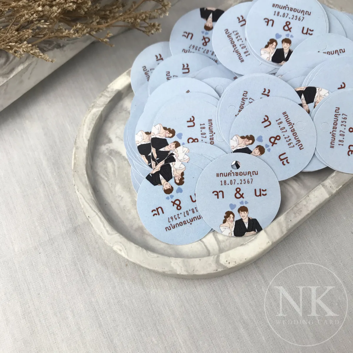 ป้ายแท็กของชำร่วยงานแต่งงาน โทนฟ้า ฟรีเชือก ฟรีเจาะรู ราคาโรงงาน