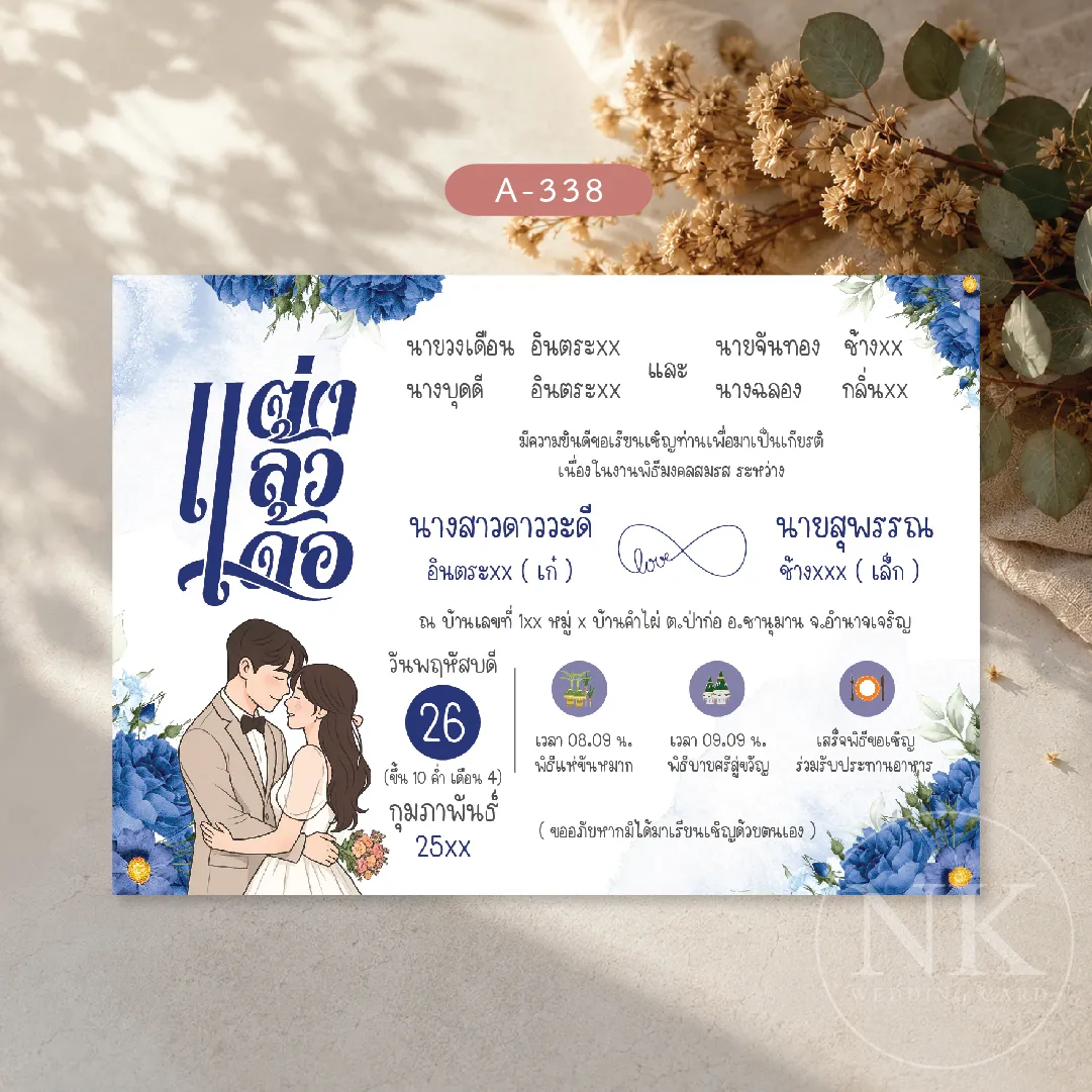 การ์ดแต่งงานการ์ตูนคู่รัก สีน้ำเงิน แต่งแล้วเด้อ ลายดอกไม้ | การ์ดแต่งงานอีสาน