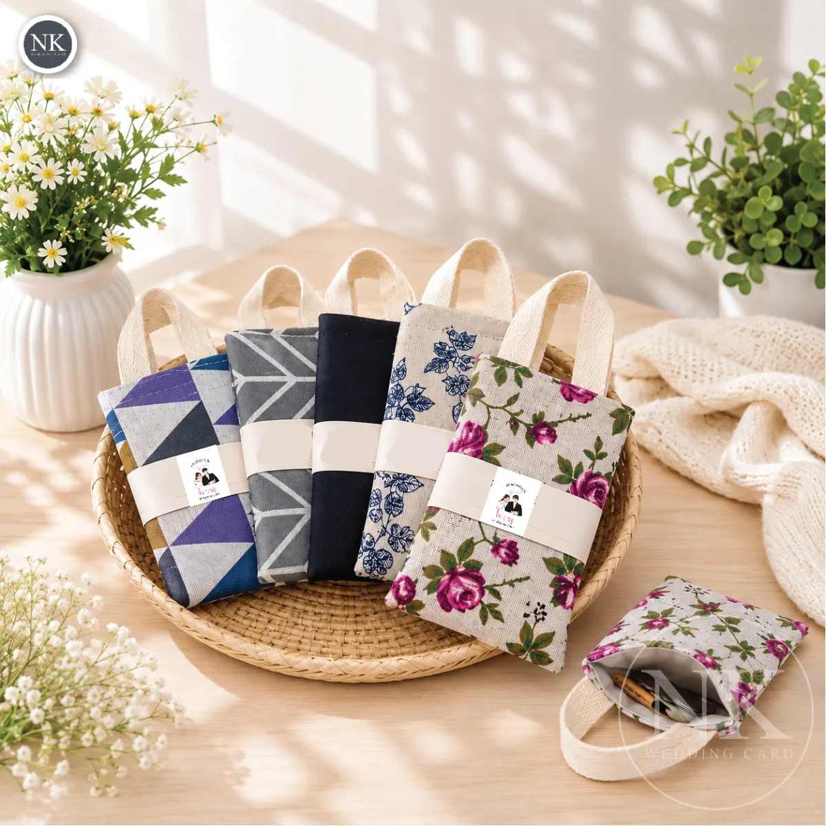 [ขายดี/มงคล] ของชำร่วยงานแต่ง กระเป๋าหิ้วใส่เหรียญผ้าดิบ 10x15 ซม. ฟรีสายคาด