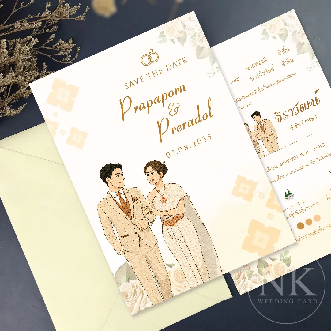 [งานไว ได้ของชัวร์] การ์ดแต่งงานการ์ตูนชุดไทย-สูท โทนสีครีมทองมงคล
